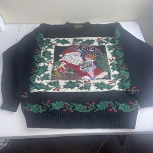 South Wool Christmas Sweater‎ Womens Santa Hand Knit Navy 💯 Wool Sz Med